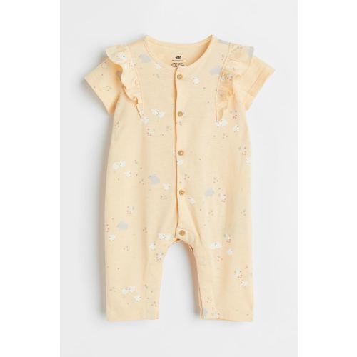 Short-sleeved Cotton Romper Suit, Light yellow/rabbits