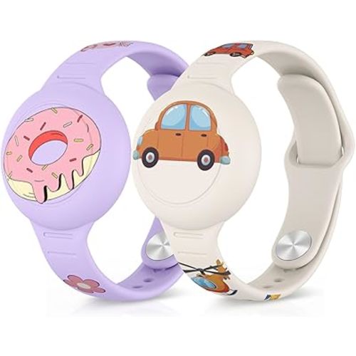 2 Pack Airtag Bracelets for Kids, Soft Silicone Waterproof Hidden Air tag Wristband - Adjustable GPS Tracker Holder Compatible with Apple Airtag Watch Band for Child, Boys, Girls (Starlight+Violet)
