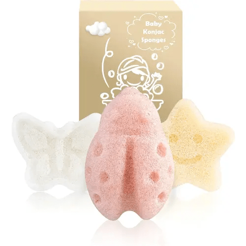 MoHern Konjac Baby Sponge for Bathing, 3Pcs Natural Cute Shapes, Kids Bath sponges for Infants, Toddler Bath time, Plant-Based, Extra Soft