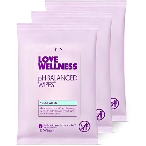 Love Wellness pH Balancing Wipes for Women | Fragrance-Free | Vulva Cleanser for Balanced pH, Intimate Health & Hygiene | Non-Irritating with Aloe Vera for Sensitive Skin | Travel Size | 3-Pack