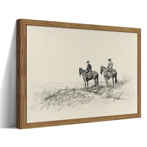 Framed Western Wall Art, Cowboys on Horses Sketch Picture Print, Western Wall Decor, Vintage Country Farmhouse Western Cowboys Canvas for Living Room Bedroom Home 12x16 inch