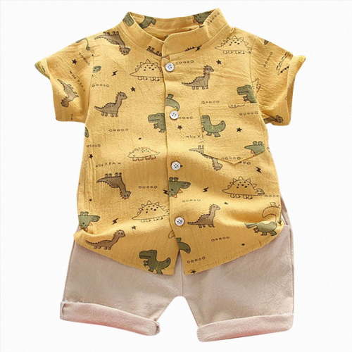 KPOPLK 2Pcs Toddler Baby Boy Clothes Summer Button Up Clothing Cotton Short Sleeve T-Shirt Shorts Set Boy Clothes Outfits Set(12-18 Months,Yellow)