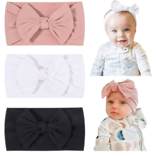 jollybows 3PCS Baby Nylon Headbands Hairbands Hair Bow Elastics for Baby Girls Newborn Infant Toddlers Kids (1-Black+White+Pink, 1 Count (Pack of 3))