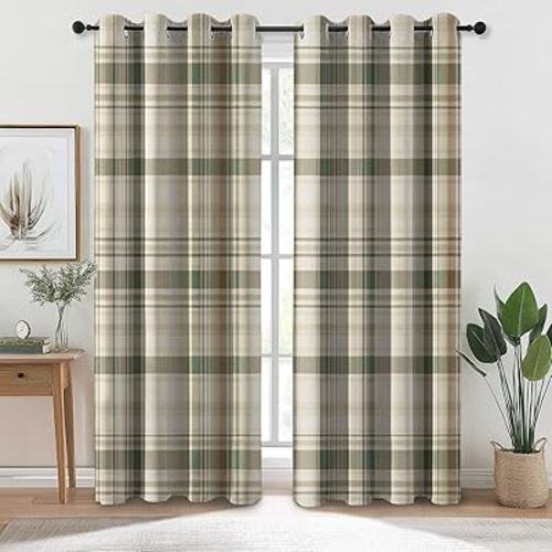 Blackout Curtains for Bedroom 52" W x 84" L (Pack of 2), Vintage Neutral Plaid Printed Thermal Insulated Black Out Curtains Room Darkening Window Curtain Drapes for Living Room, Cream Green