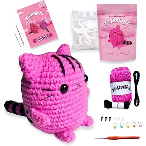 YarnTales DIY Pink Kitten Crochet Kit – Beginner-Friendly with Step-by-Step Video Tutorials, Soft Yarn & All Supplies – Fun Gift for Teens & Adults