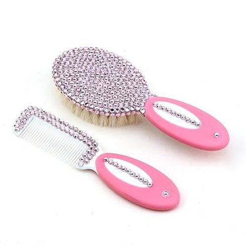 Pink Bling Crystal Stone Baby Hair Brush and Comb Set, Perfect Baby Shower Registry Gift for Newborn Girls
