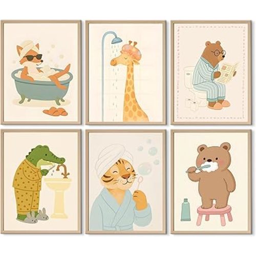ZCIRDYVV 6 Pcs Funny Kids Bathroom Wall Art Cute Animals Nursery Toilet Wall Decor Animal Themed Bathroom Canvas Prints Beige Children's Toilet Posters Pictures Kid Washroom Painting 8x10in Unframed