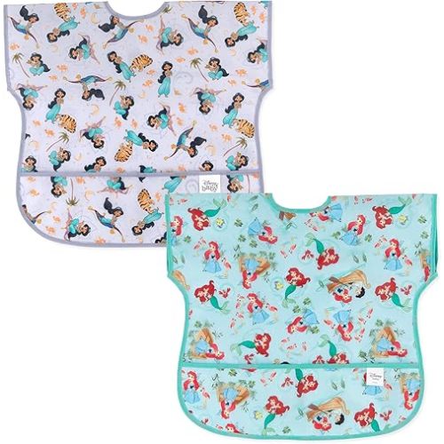 Bumkins Disney Short Sleeve Bib for Girl or Boy, Toddler and Kids for 1-3 Years, Large Size, Essential Must Have for Junior Children, Eating, Mess Saving Soft Fabric Apron, Ariel and Jasmine 2-pack