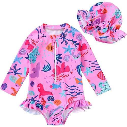 Infant Baby Girl Swimsuit One-Piece Long Sleeve Rash Guard with Hat Set Floral Zipper Bathing Suit Leopard Beach Wear