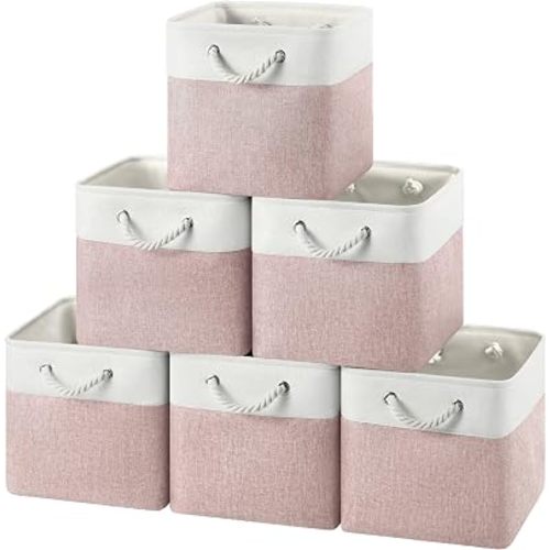 12x12 Storage Cube Bins, 6 Pack Reinforced Bottom Cardboard Foldable Box, Organizer for Closet Shelves, Heavy Home Storage Baskets (White Pink)