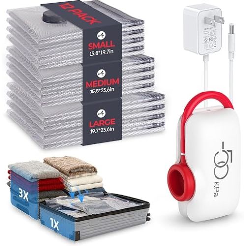 VMstr 12-Pack Vacuum Bags for Travel, Vacuum Seal Compression Bags for Clothing, Carry-On Luggage Space Saver Bags with Plug-in Electric Pump