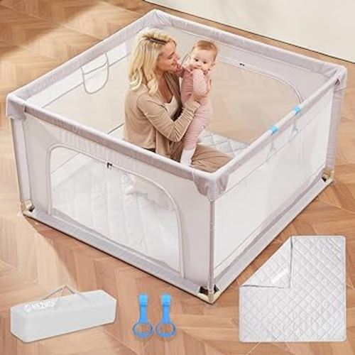 Baby Playpen with Mat, 45x45 Portable Play Yard for Toddlers & Kids, Soft Mesh Fence with Zipper Gates, Indoor/Outdoor, Anti-Fall, Grey