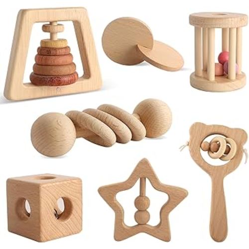 Wooden Rattles for Baby, 7PCS Wooden Montessori Toys for 7-24 Months Baby Boy Girl, Natural Beech Wood Grasping Toy, Gift for Babies