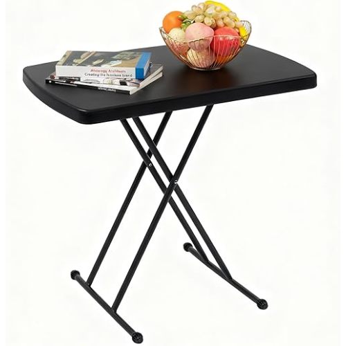 VINGLI Small Folding Table Portable, 30" Adjustable Height Personal Laptop TV Tray, Camping Table, HDPE Plastic Top with Steel Frame,Black