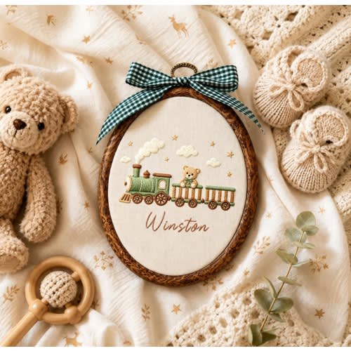 Personalized Baby Name Sign, Teddy Bear Train Nursery Decor, Baby Announcement Sign, Baby Boy Nursery Wall Decor, Newborn Gift