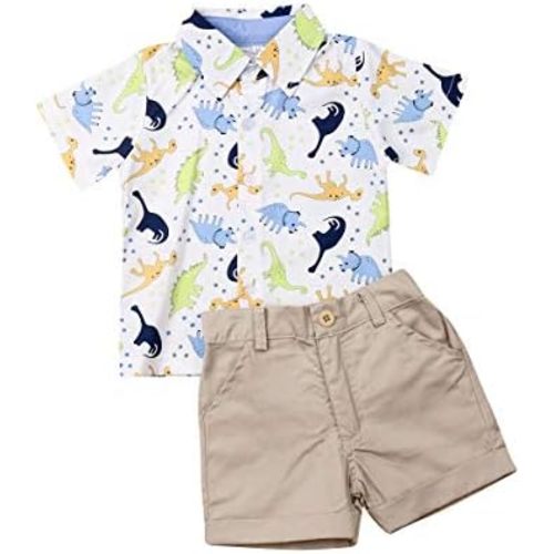 VISGOGO Toddler Baby Boy Flamingo Short Sleeve Button Down Shirt & Casual Shorts Set Summer Outfits 1-6 Years Clothes