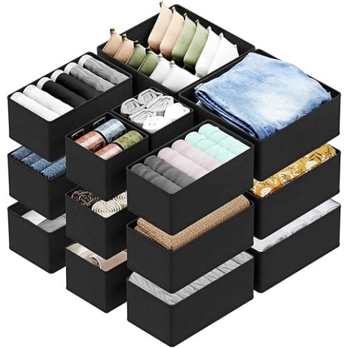SpaceAid Drawer Organizer for Clothes, 18 Pack Dresser Drawer Organizer Bins, Closet Organizers and Storage Dividers for Clothing, Underwears, Socks (Black)