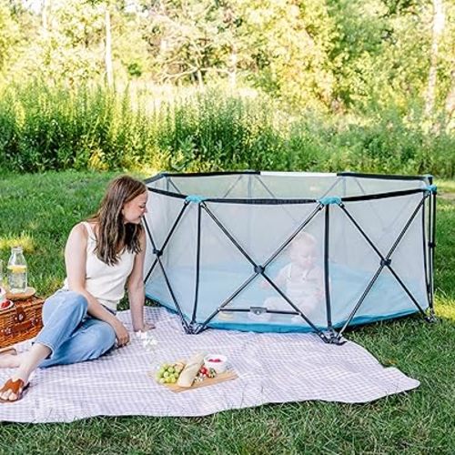 Regalo Safety My Play Deluxe Extra Large Baby Playpen & Portable Play Yard, Foldable 8-Panel Indoor Outdoor Playpen for Babies & Toddlers, Mesh Sides, Washable Nylon Bottom, 62", Aqua/Black