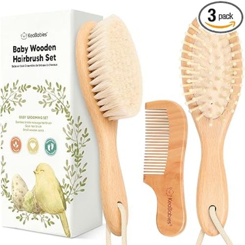 Wooden Baby Hair Brush Set for Newborns, Toddler Comb (Walnut, Regular) | Soft Goat Bristle, Baby Brush and Comb Set, Infant Grooming Kit, Cradle Cap Care, Durable & Gentle, Boy, Girl Bath Essential