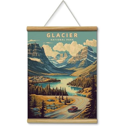HUARCEY Glacier National Park Canvas Scroll Poster, Rustic Vintage Mountain Lake Landscape Wall Art with Wooden Bars Hanging Rope 12x16 Inches, Adventure Travel Home Office Cabin Lodge Decor