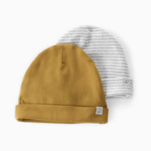 Carter's Little Planet 2-Pack Organic Cotton Rib Caps - Ochre, Heather Grey Stripe, 0-3 M