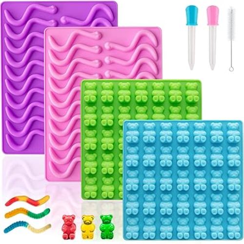 Large Gummy Bear and Worm Mold Silicone, Candy Gummy Molds for Kids, Non-Stick Chocolate Molds BPA Free with 2 Droppers & 1 Cleaning Brush, Set of 4