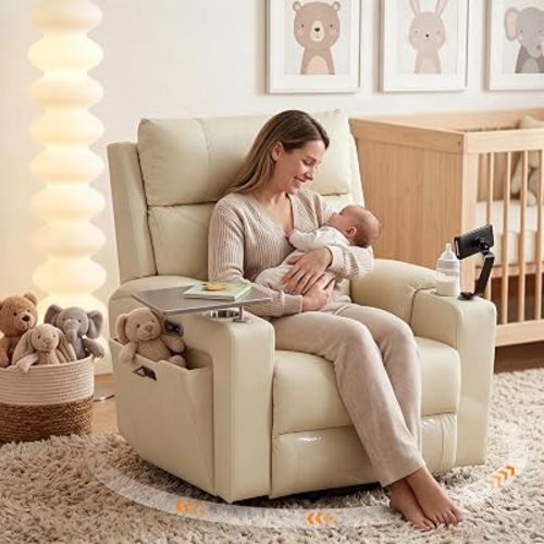 PU Leather Power Swivel Glider Recliner w/ Adjustable Headrest & Lumbar, Electric Nursery Rocking Chairs with Side Storage Space, USB Port, Phone Stand, Stry Table, Cup Holder for Nursery & Home,Beige