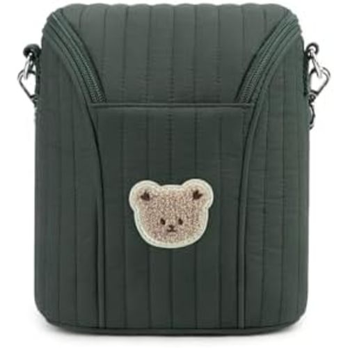 Lmbabter Embroidered Bear Stroller Organizer Tote Bag, Bottle Insulation Pouch, Portable Cooler Storage Essential for Milk/Breast Pump,Baby Travel Supplies (Green)