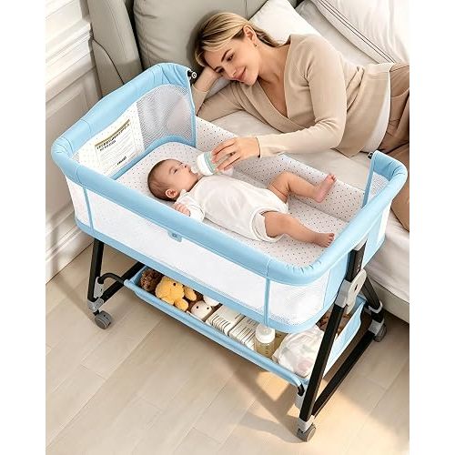 Baby Bassinets Bedside Sleeper with Wheels and Mattress, Cosleeping Baby Bed with Storage, Co-Sleeper Bassinet Attach to Bed, Bed Side Crib with Breathable Mesh, Height Adjustable (Blue)