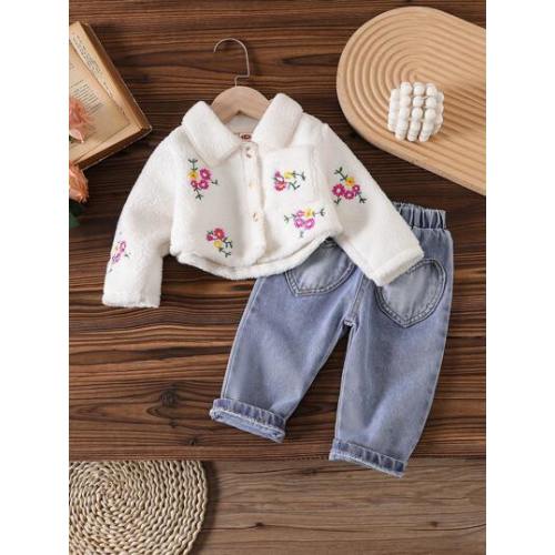2pcs Baby Girls Fashion Casual Embroidered Fleece Jacket + Stylish Denim Long Pants Set | SHEIN USA