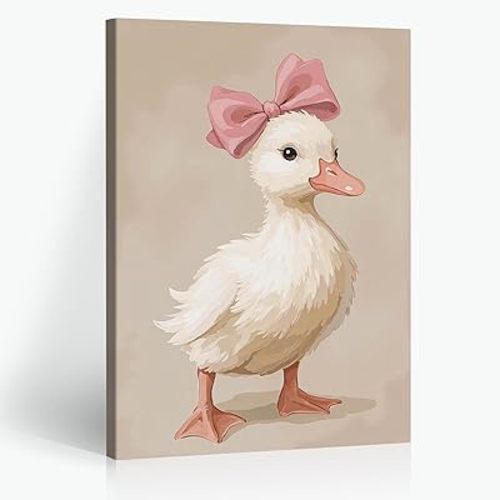 CRTDYQU Duckling Wall Art with Pink Bow – Nursery Poster for Baby Girl Room Decor Cute Animal Print for Kids Room Posters Aesthetic Family Wall Decor Prints 12X18 in Wrapped Framed