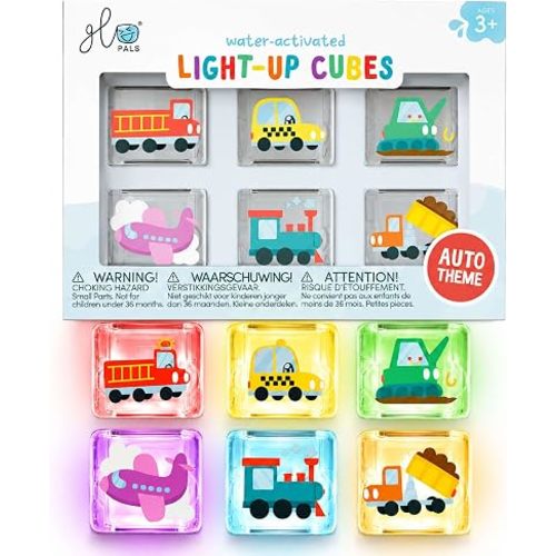 Glo Pals Water-Activated Light-Up Bath Toy Cubes, Automobiles, Pack of 6