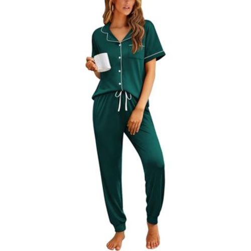 Ekouaer Women Pajama Set Short Sleeve Button Down Pjs Soft Comfy Sleepwear Nightwear with Jogger Pants Dark Green L