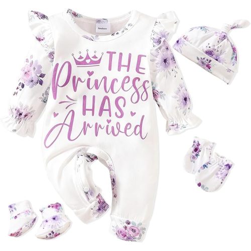 Newborn Baby Girl Outfits Infant Romper Coming Home Ruffled Jumpsuit with Hat Mittens+Booties