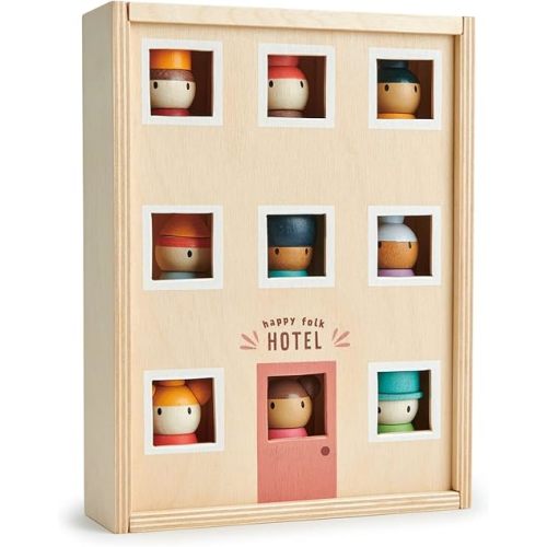 Tender Leaf Toys - Happy Folk Hotel - 9 Pcs Wooden Diversity Peg Dolls Open-Ended Toys - Montessori People Figures Play Set - Age 3+