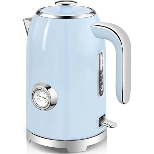 SUSTEAS Electric Kettle - 57oz Hot Tea Kettle Water Boiler with Thermometer, 1500W Fast Heating Stainless Steel Tea Pot, Cordless with LED Indicator, Auto Shut-Off & Boil Dry Protection, Blue
