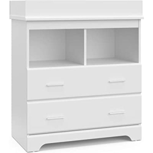 Storkcraft Brookside 2 Drawer Changing Table Dresser (White) – GREENGUARD Gold Certified, Easy-to-Match Chest of Drawers and Cubbies for Nursery and Kids Bedroom, Includes Changing Table Topper