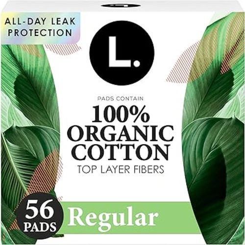 L. Ultra Thin Pads for Women, Regular Absorbency, Organic Cotton Top Layer, Unscented Pads with Wings, 56 Count