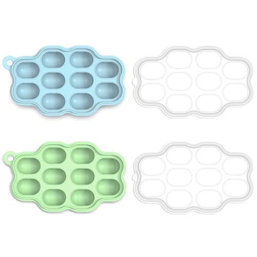 KingKam Breastmilk Popsicle Molds, Baby Fruit Feeder Teething Tray, 2 Pack | Purees Fruits Freezer Tray with Lid, 10-Cavity Easy Pop-Out, BPA Free Silicone, Dishwasher Safe, Ice Cube Maker, Blue/Green