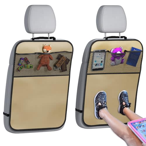 lebogner Back Seat Cover for Kids + 3 Pocket Storage Organizer, 2 Pack Kick Mats Backseat Protector, Car Accessories Waterproof Kick Guard for Vehicles to Protect from Dirt, Mud & Scratches, Beige