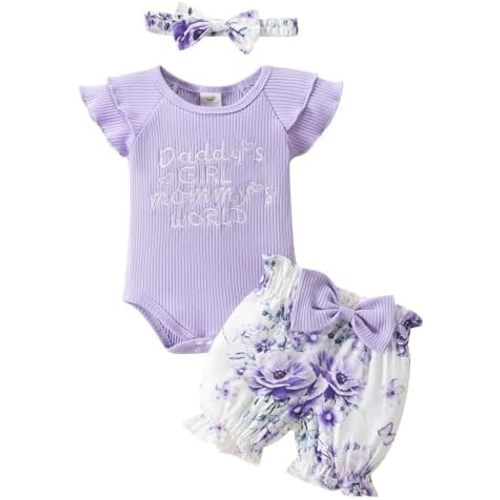 QITUDATEY Newborn Infant Baby Girls Clothes, Cute Summer Baby Girls Outfits Ruffle Sleeve Romper Floral Shorts with HeadBand