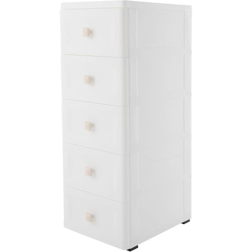White Nightstand for Bedroom, Tall 5 Drawers Dresser with Fabric Bins for Bedside Kids Dorm Room