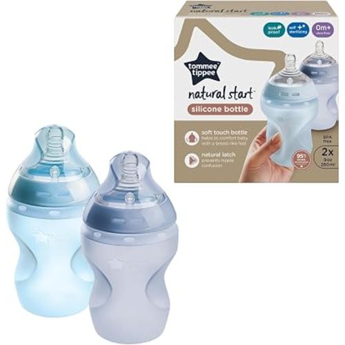 Tommee Tippee Natural Start Anti Colic 9 oz BPA Free Silicone Baby Bottles, 0+ Months, Silicone Feels Like Mother's Skin, Slow Flow Breast-Like Nipple, Blue, Pack of 2