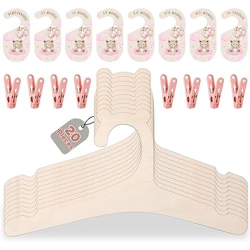 20 Pack Baby Clothes Hangers with 8Pcs Baby Closet Dividers and 8Pcs Clips, Non-Slip Toddler Clothing Hanger with Dividers for Sorting, Nursery Closet Organizer for Newborn Kids Girls (Pink Bear)