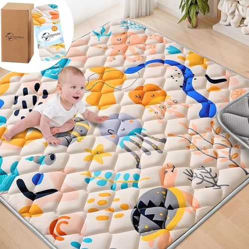 Baby Play Mats for Floor, Playpen Mat for Babies, Extra Thicker & Soft Floor Crawling Mat, Foldable Non-Slip Playmat Cushioned for Infants Toddlers (Marine Life, 50x50 Inch)