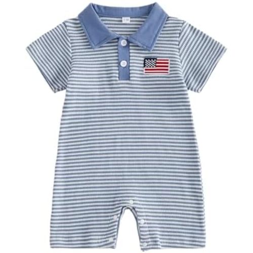RSRZRCJ Newborn 4th of July Baby Boy Outfit Short Sleeve Waffle Knit Collared American Flag Embroidery Romper Jumpsuit Memorial Day Patriotic Clothes(Navy Blue, 0-3 Months)