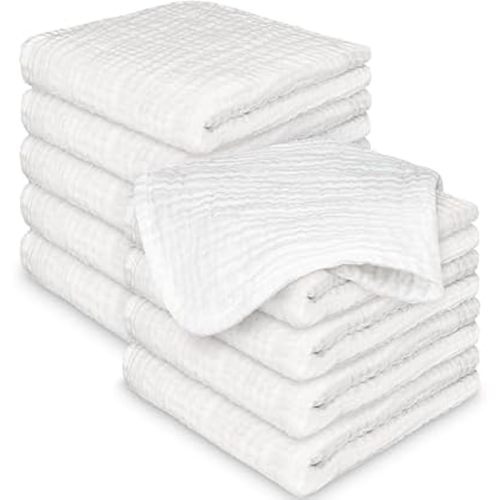 10pk Muslin Baby Washcloths for Newborn, 12x12 Soft Absorbent (Soft White)