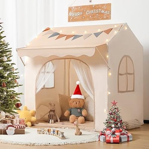 besrey Kids Play Tent with Eave, Toddler Tent 2 in 1 with Padded Mat and Lights, Large Playhouse with 2 Doors & 2 Windows, Indoor & Outdoor, Christmas Toddler Playhouse, 51" x35" x 47"