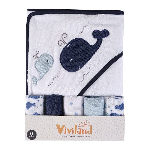 Viviland Baby Towels and Washcloths, Soft Absorbent Baby Boy Bath Towel Set, Whale Hooded Towels with 5 Infant Washcloths,(6 Pieces)