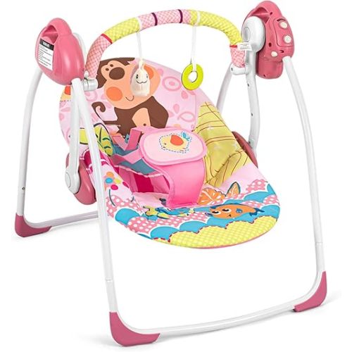 Portable Baby Swings for Infants, Pink Baby Girl Swing with Adaptable Speed, Compact Automatic Baby Swing with Music, Comfort Rocking Chair for Baby, 6-25 lbs 0-9 Months
